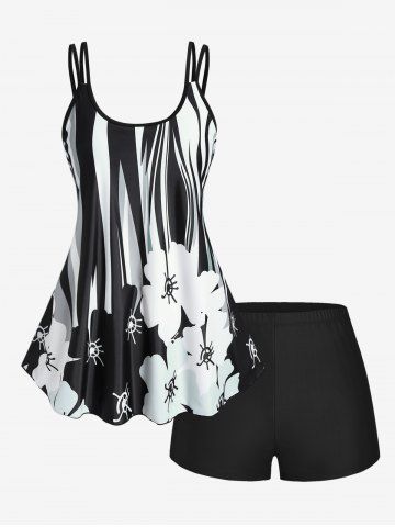 Plus size Printed Modest Boyshorts Tankini Swimsuit - BLACK - 1X