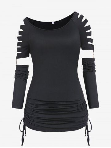 Plus Size Skew Collar Laser Cut Cinched Ruched Detachable Sleeve Top