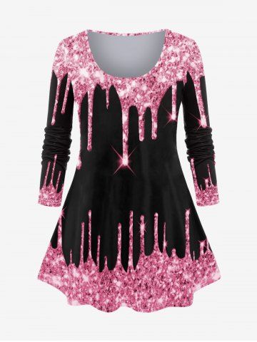 Plus Size 3D Sparkles Paint Drop Blobs Printed Long Sleeves Tee