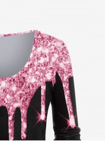 Plus Size 3D Sparkles Paint Drop Blobs Printed Long Sleeves Tee