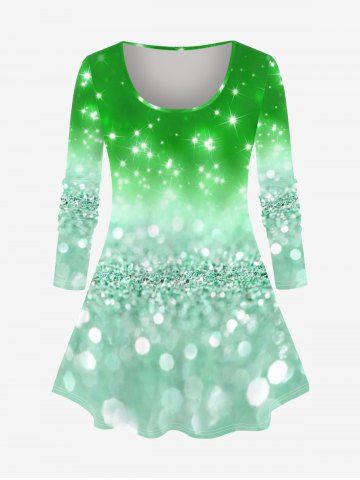 Plus Size Sparkle Print Christmas T-shirt - GREEN - 5X | US 30-32