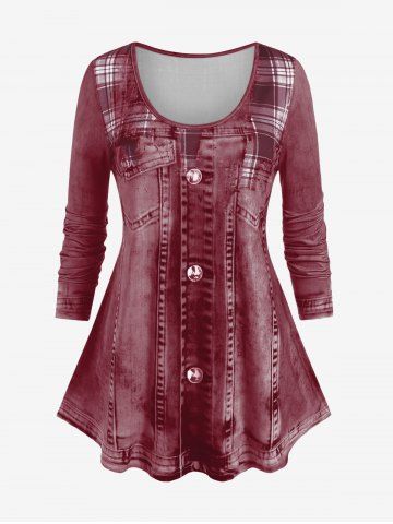 Plus Size Long Sleeve 3D Denim Print T-shirt - DEEP RED - 3X | US 22-24