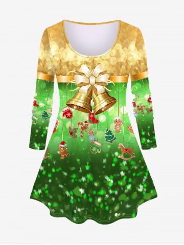 Plus Size Sparkle Bell Gingerbread Print Christmas T-shirt - GREEN - 5X | US 30-32