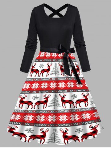 Christmas Elk Snowflake Tree Print Long Sleeve Belted Combo Dress - RED - M