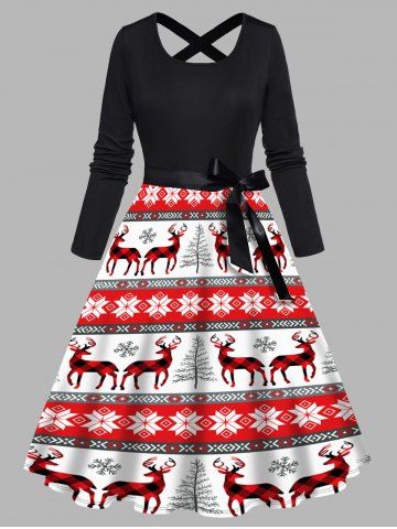 Christmas Elk Snowflake Tree Print Long Sleeve Belted Combo Dress - RED - XL