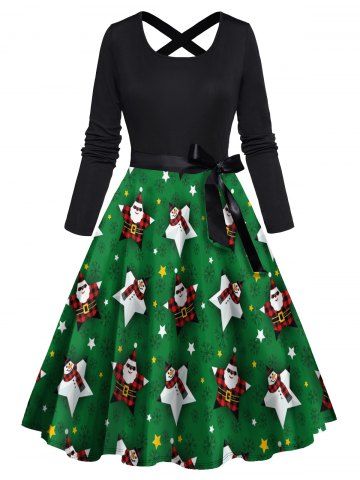 Christmas Cute Snowman Santa Claus Star Print Long Sleeve Belted Combo Dress - DEEP GREEN - S