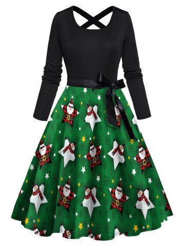 Christmas Cute Snowman Santa Claus Star Print Long Sleeve Belted Combo Dress - DEEP GREEN - L