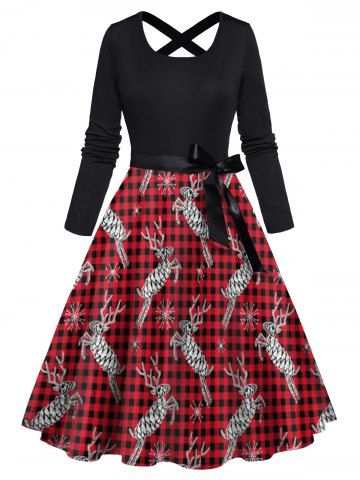 Christmas Elk Plaid Print Belted Long Sleeve Combo Dress - DEEP RED - S