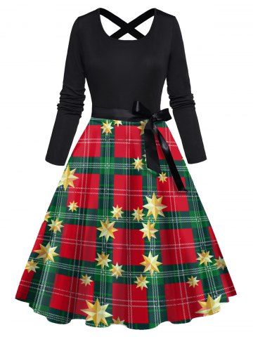 Christmas Plaid Star Print Long Sleeve Cross A Line Dress - RED - XXXL