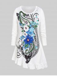 Plus Size Ruffle Asymmetric Hem Flower Paisley Printed Long Sleeves T-shirt -  