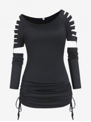 Plus Size Skew Collar Laser Cut Cinched Ruched Detachable Sleeve Top -  