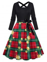 Robe de Noël Ligne A Croisé à Imprimé Etoile à Carreaux - Rouge XXL