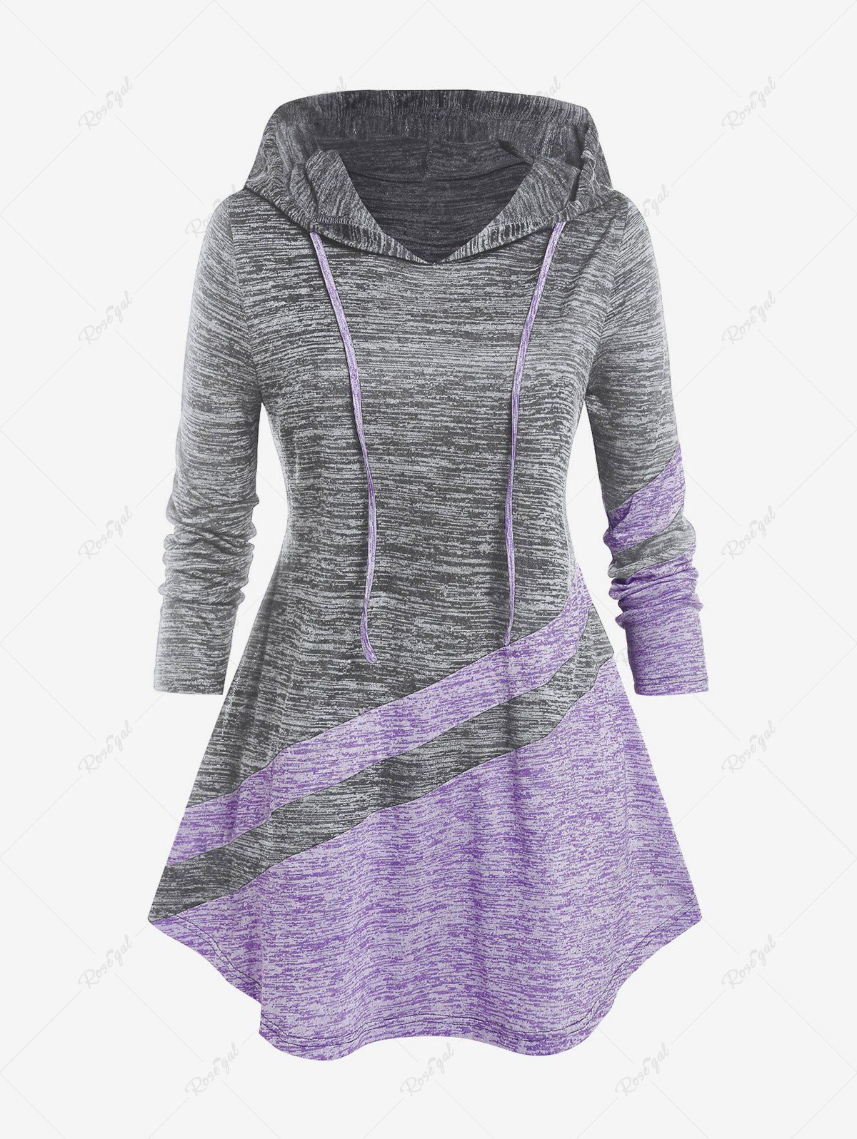 T-shirt à Capuche Teinté en Blocs de Couleurs de Grande Taille Violet clair 1X