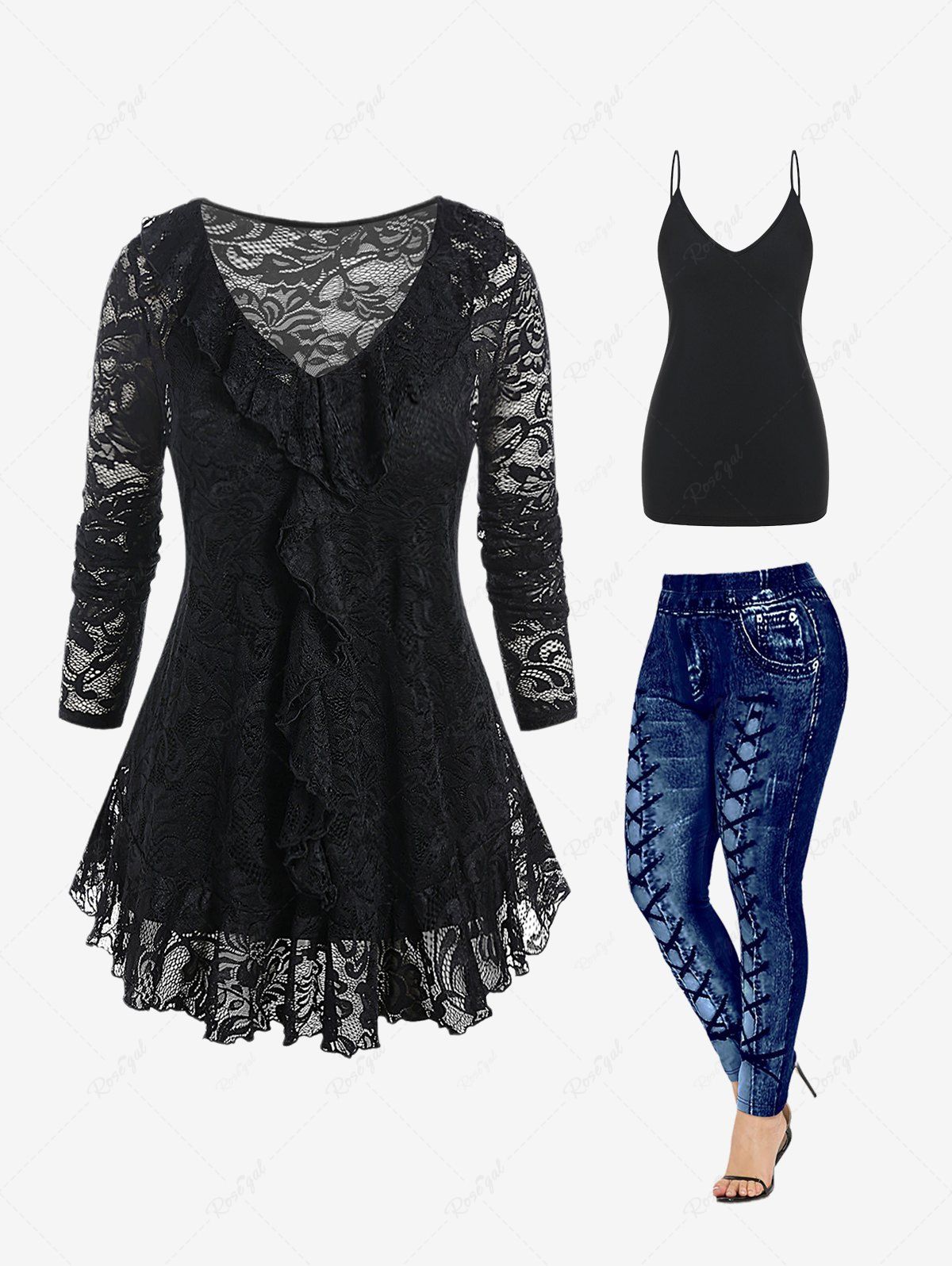Chic Ruffle Sheer Lace Blouse and Camisole Set and 3D Denim Printed Leggings Plus Size Outfit  