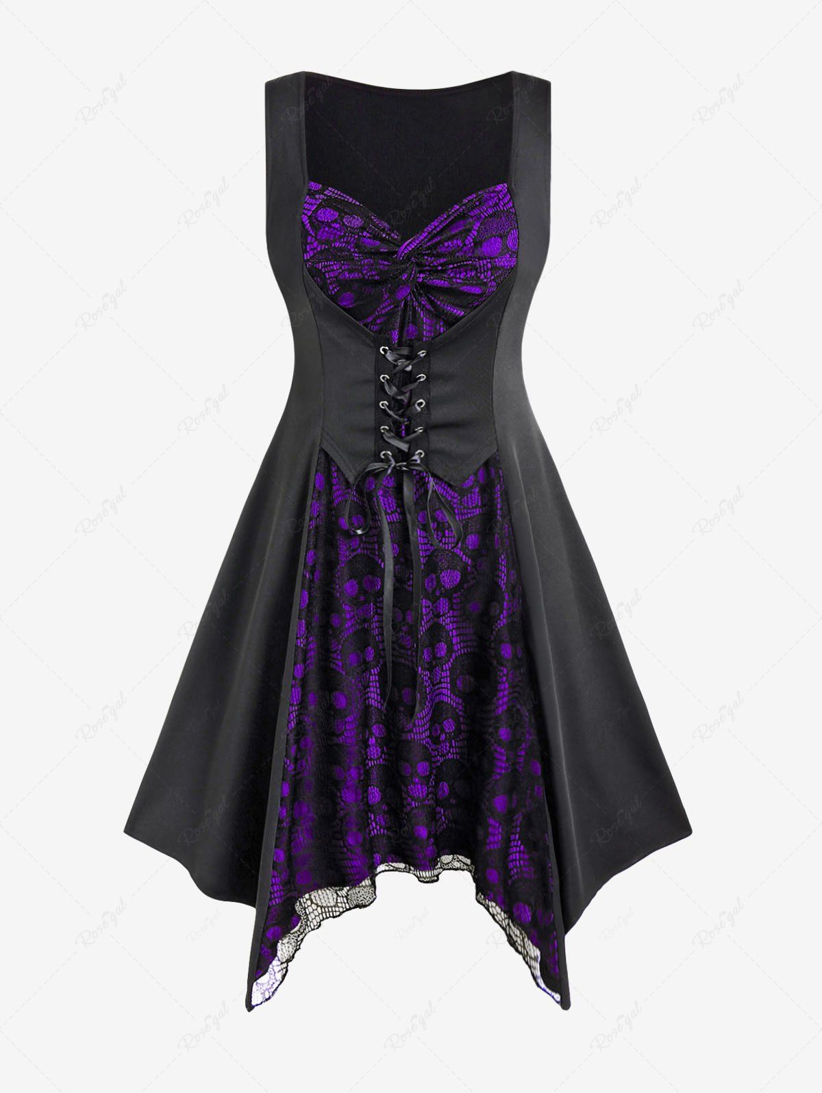 Fancy Gothic Skull Lace Overlay Lace-up Asymmetrical Sleeveless Midi Dress  