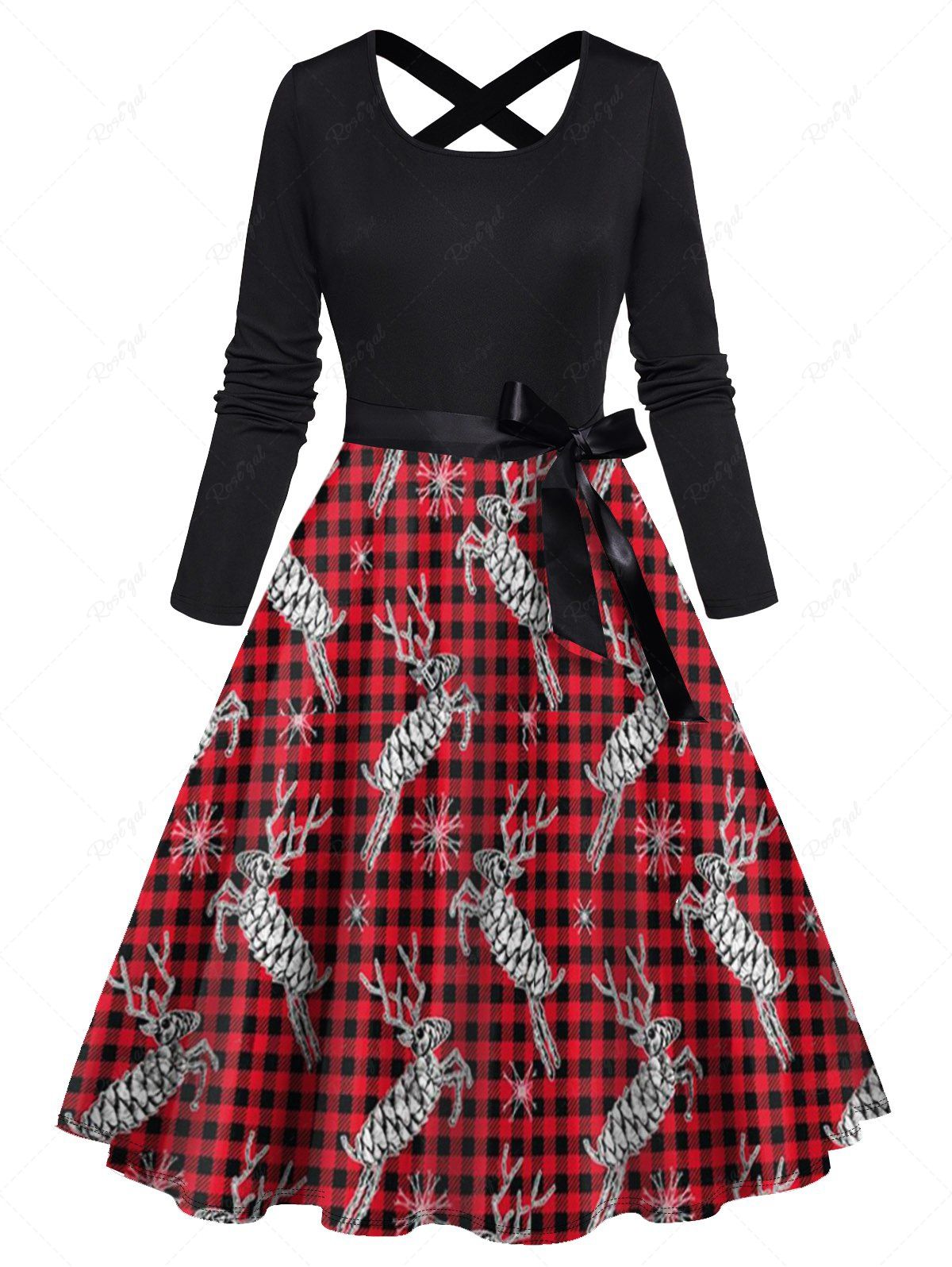 Robe Ligne A à Imprimé Cerf de Noël Croisée avec Nœud Papillon Rouge foncé L