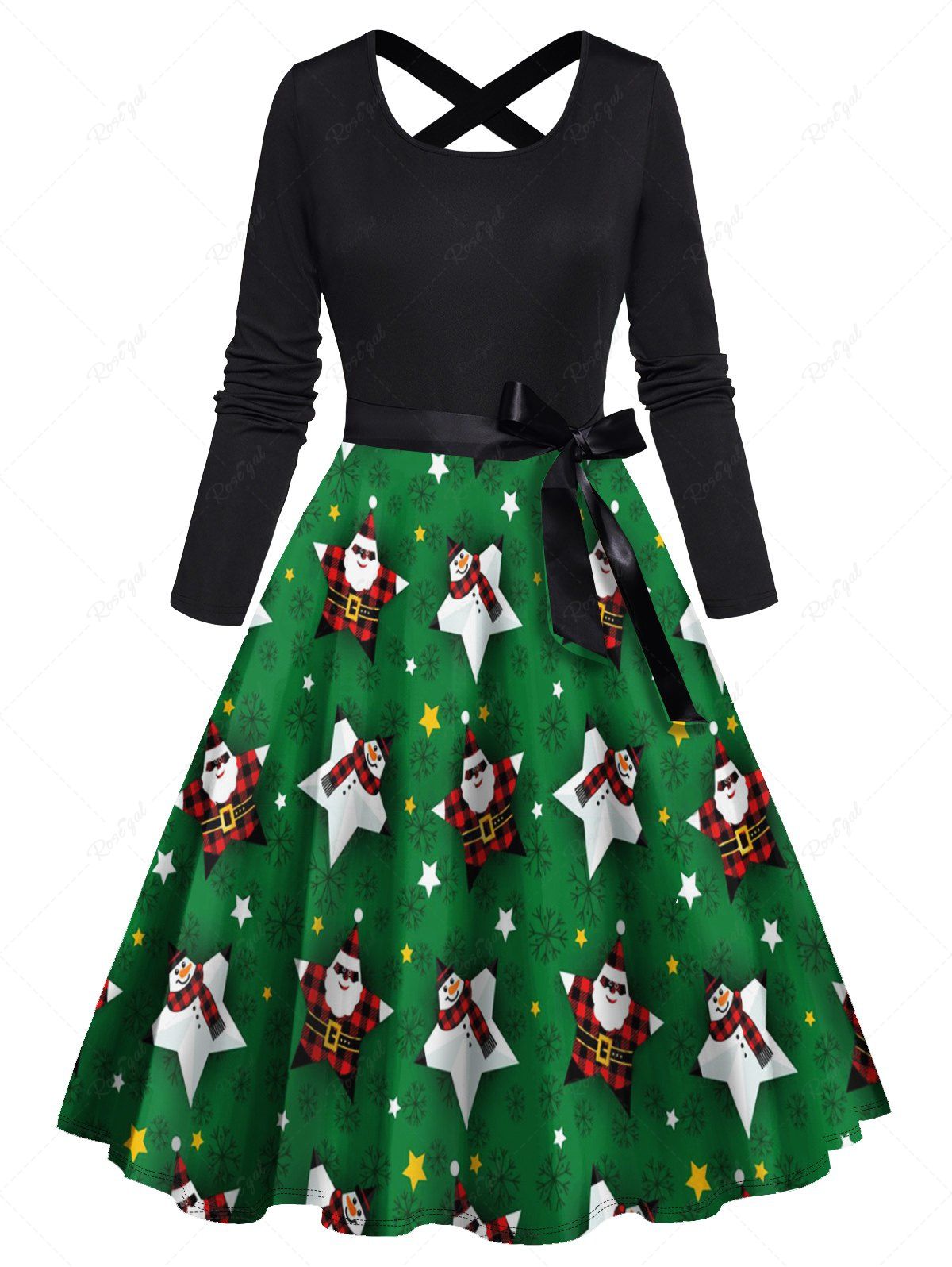 Robe Ceinturée à Imprimé Père Noël Etoile et Bonhomme de Neige de Noël à Manches Longues Vert profond XL