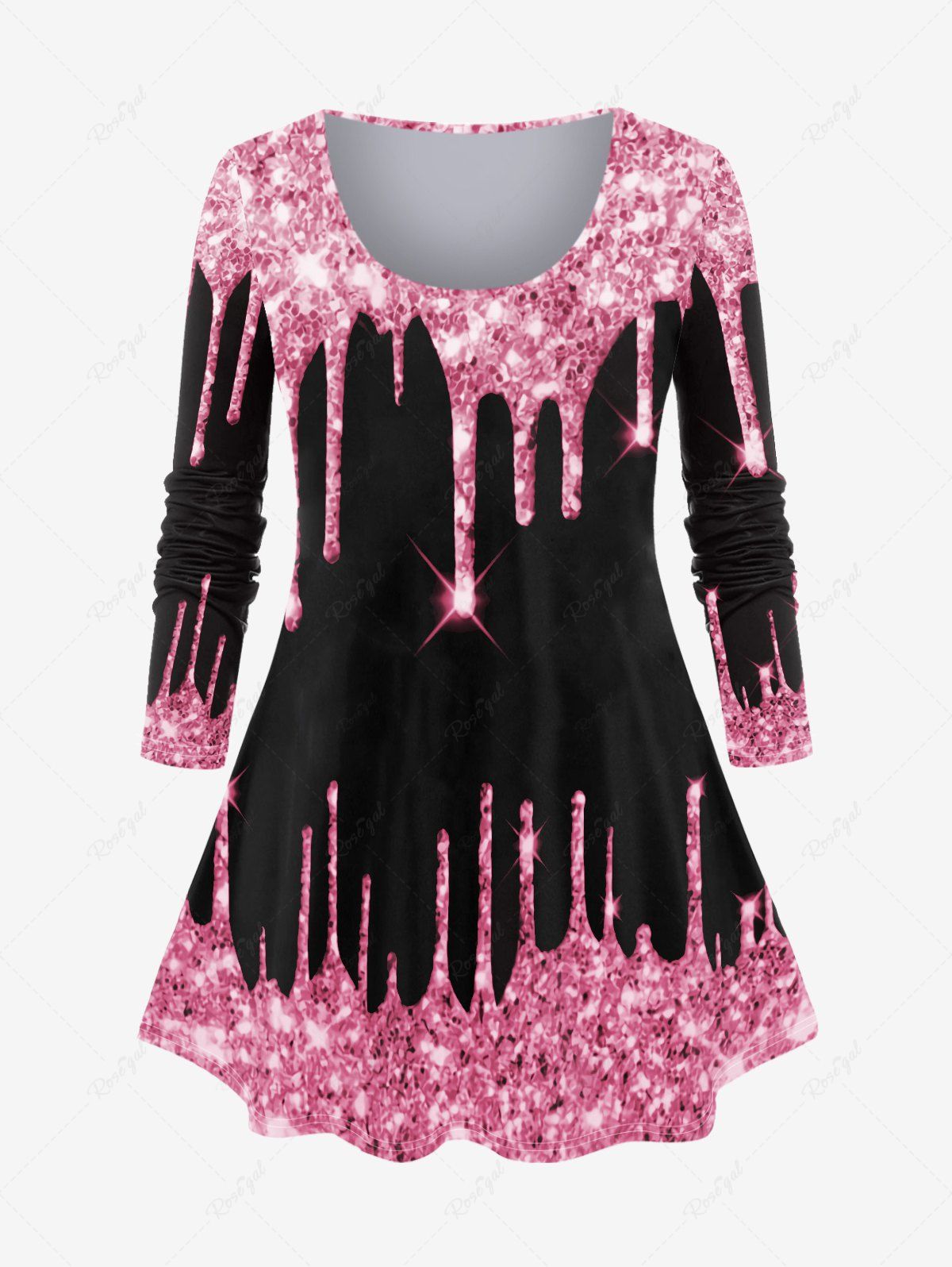 Hot Plus Size 3D Sparkles Paint Drop Blobs Printed Long Sleeves Tee  