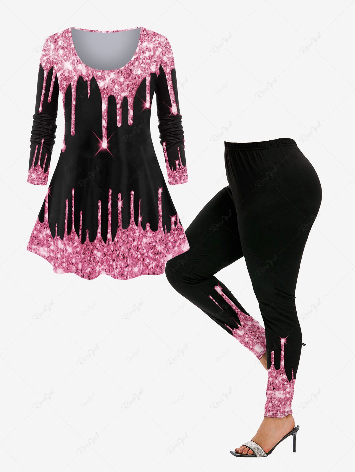 Online 3D Sparkles Paint Drop Blobs Printed Tee and Leggings Plus Size Outfit  