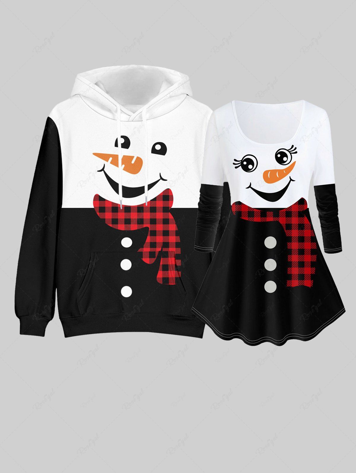 Affordable Couples Christmas Snowman Printed Plaid Women Tee and Men Pullover Hoodie Matching Outfit  