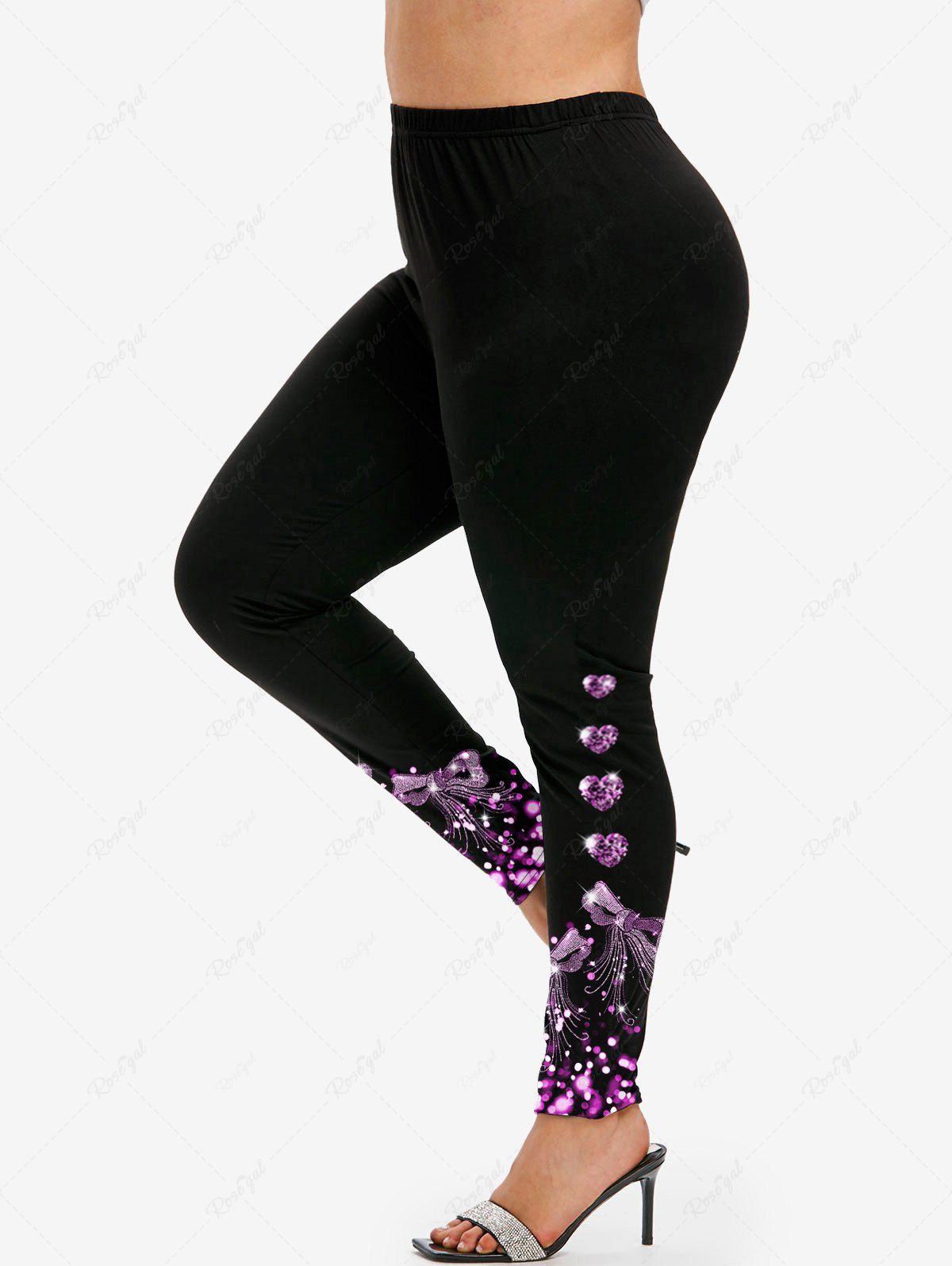 New Plus Size Glitter Bowknot Heart Print Skinny Leggings  