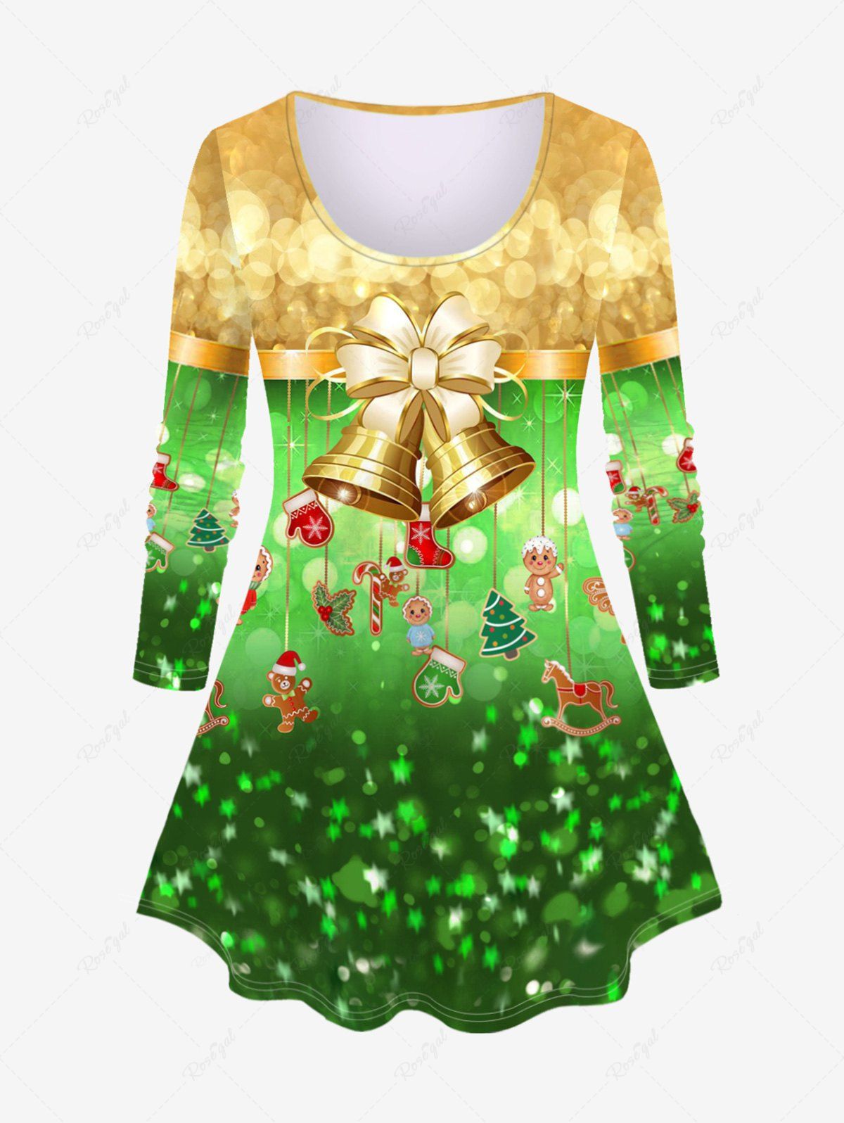 T-shirt de Noël à Imprimé Cloche Brillante de Grande Taille Vert 1X | US 14-16