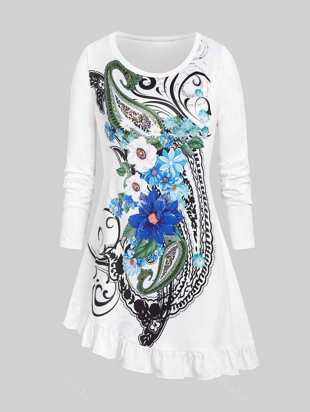 T-shirt Cachemire à Imprimé Fleur de Grande Taille Ourlet à Volants Blanc 5X