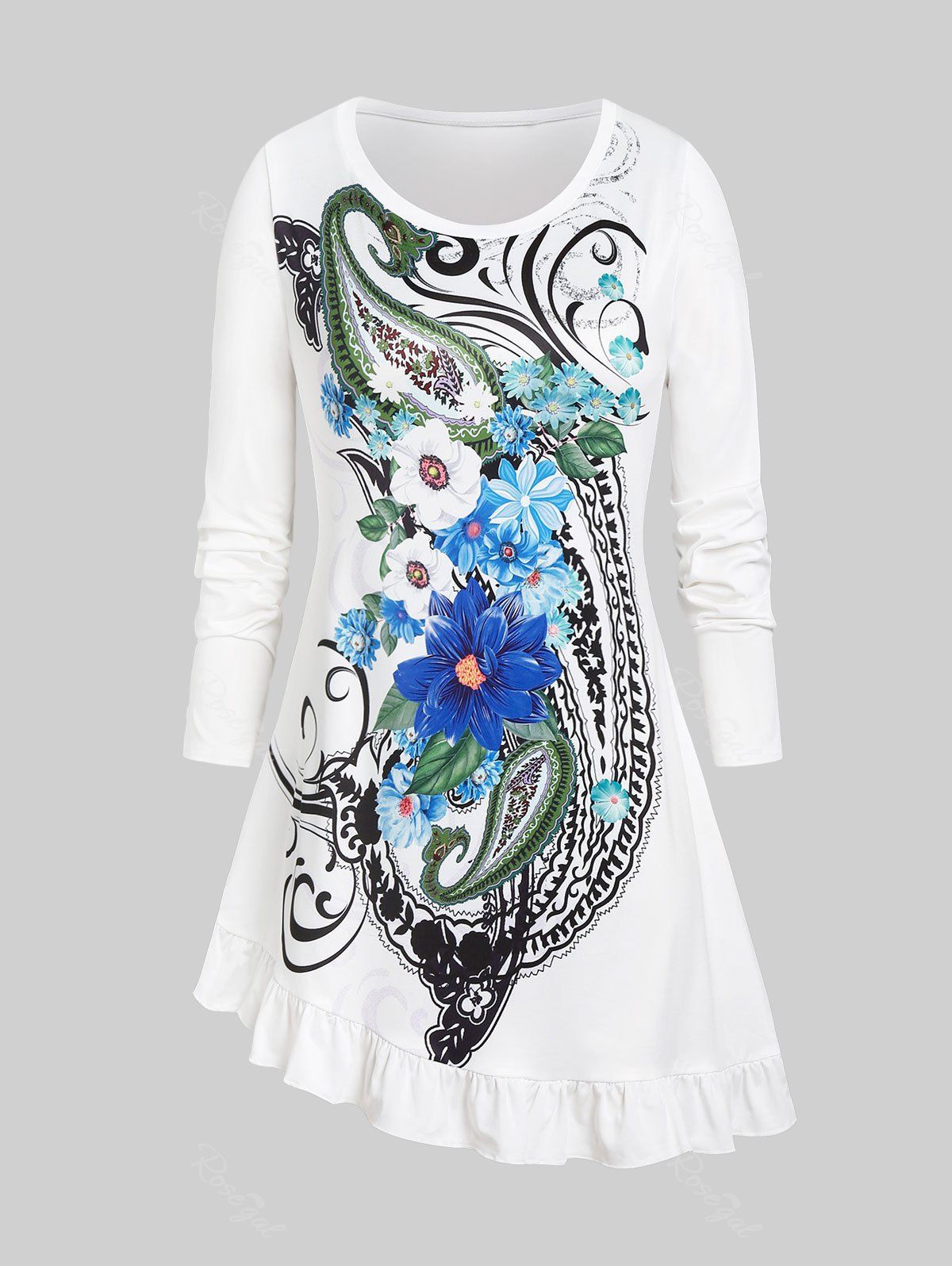 Unique Plus Size Ruffle Asymmetric Hem Flower Paisley Printed Long Sleeves T-shirt  