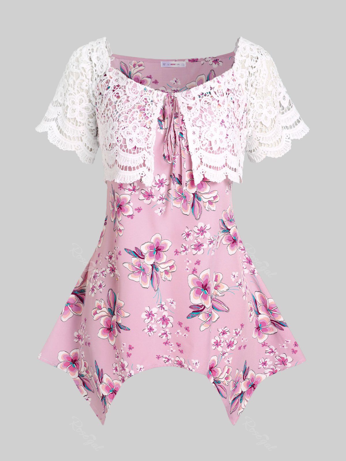 Outfit Plus Size & Curve Floral Print Lace Panel Asymmetric 2 in 1 Top  