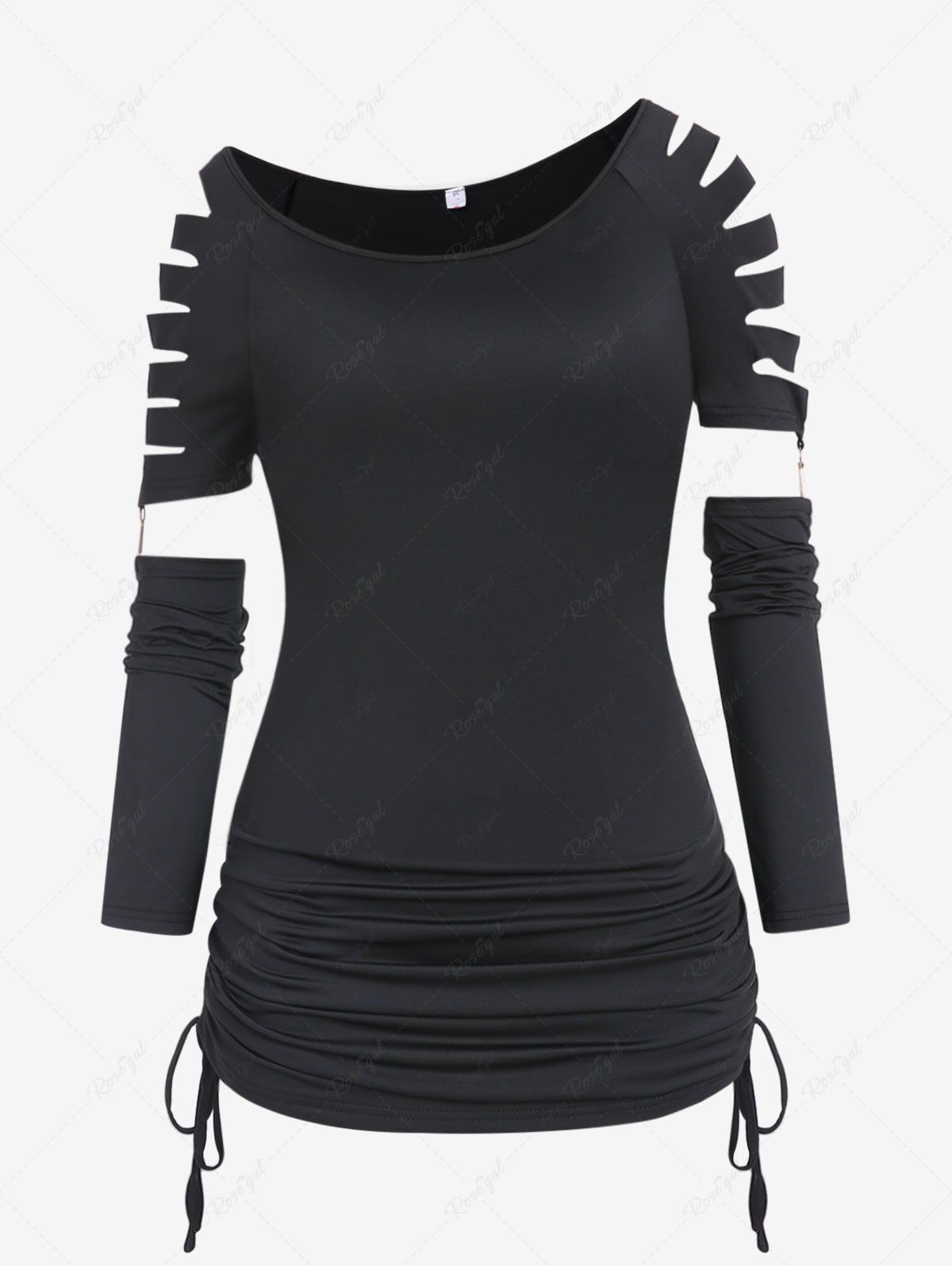 Best Plus Size Skew Collar Laser Cut Cinched Ruched Detachable Sleeve Top  