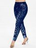 Ruffle Sheer Lace Blouse and Camisole Set and 3D Denim Printed Leggings Plus Size Outfit -  