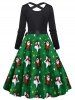 Robe Ceinturée à Imprimé Père Noël Etoile et Bonhomme de Neige de Noël à Manches Longues - Vert profond S