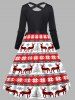 Christmas Elk Snowflake Tree Print Long Sleeve Belted Combo Dress -  
