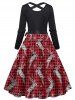 Christmas Elk Plaid Print Belted Long Sleeve Combo Dress -  