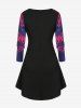 T-shirt Mouchoir Tunique Motif de Fleur de Grande Taille à Manches Longues - Noir 5X