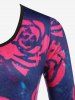 T-shirt Mouchoir Tunique Motif de Fleur de Grande Taille à Manches Longues - Noir 5X