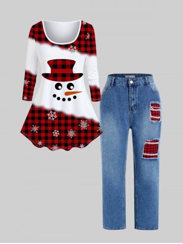Plus Size Christmas Snowflake Snowman Plaid Long Sleeves Tee and Ripped Jeans Outfit