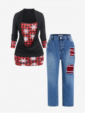 Plus Size Christmas Snowflake Checked Draped Ruched Tee and Distressed Jeans Outfit
