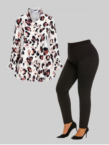 A Wild Coincidence Leopard Print Plus Size Blouse and Flocking Lined Leggings Bundle