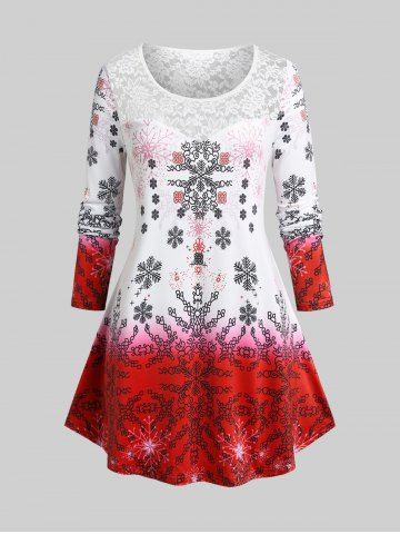 Plus Size Snowflake Christmas Lace Panel Long Sleeve Tee - RED - 1X