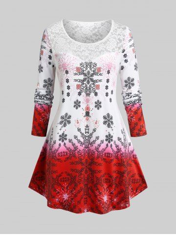 Plus Size Snowflake Christmas Lace Panel Long Sleeve Tee - RED - 5X