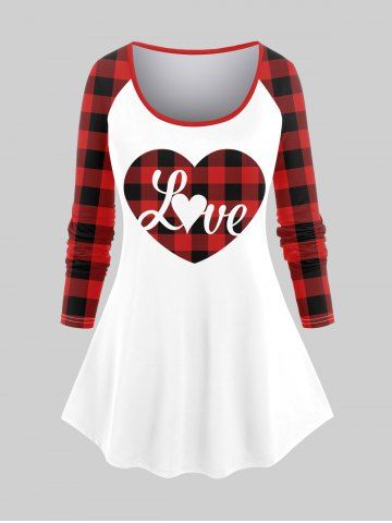 Plus Size Christmas Checked Love Heart Graphic Raglan Sleeve T-shirt - RED - 2X | US 18-20