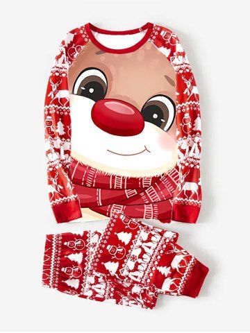 Mens Raglan Sleeves Colorblock Printed Christmas Pants Pajamas Set - RED - M