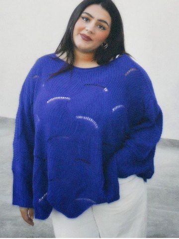 Plus Size Solid Batwing Sleeves Pointelle Knit Pullover Jumper
