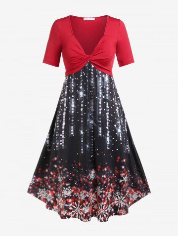 Plus Size Christmas Snowflake Starry Twist Midi Dress - RED - L | US 12