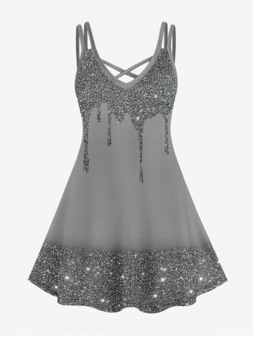 Plus Size Dual Straps Sparkling Print Crisscross Detail Cami Dress - GRAY - L | US 12