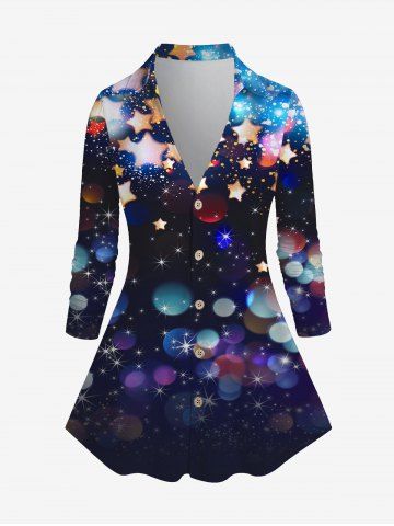 Plus Size Sparkle Stars Print Button Up Shirt - BLUE - L | US 12
