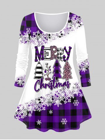 Plus Size Christmas Snowflake Checked Tree Print T-shirt - CONCORD - 3X | US 22-24