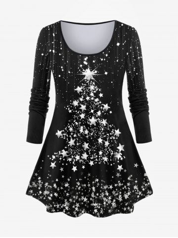 Plus Size Christmas Tree Stars Print T-shirt - BLACK - 2X | US 18-20