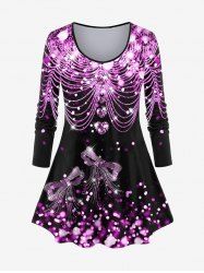 Plus Size Long Sleeve Sparkle Glitter Bowknot Print T-shirt -  